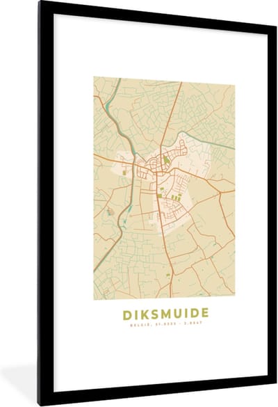 Fotolijst incl. Poster - Stadskaart - Diksmuide - Kaart - België - Plattegrond - 80x120 cm - Posterlijst