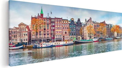 Artaza Canvas Schilderij Amsterdamse Grachten - 60x20 cm - Wanddecoratie Woonkamer - Muurdecoratie Boot - Kamer Accessoires Herfst