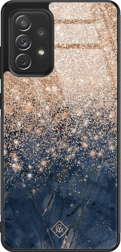 Casimoda® hoesje - Geschikt voor Samsung Galaxy A52 5G - Marmer Blauw Rosegoud - Luxe Hard Case Zwart - Backcover telefoonhoesje - Rosekleurig