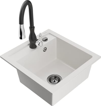 Mexen Vito granieten spoelbak 1-komerig met keukenmengkraan Savita, wit - 6503-20-672601-70