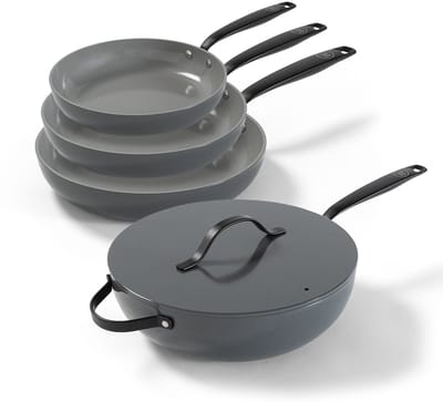 BE Living 4-delige Pannenset - Ø 20, 24 & 28 cm Koekenpan + Ø30 cm Wokpan - Koekenpannenset - Bakpan - Keramisch - PFAS Vrij Anti Aanbak - Inductie Pannen - Grijs - Essential Series