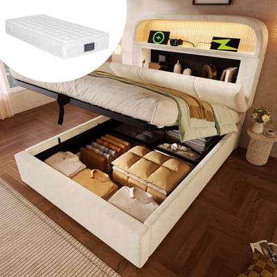 DESMIU Gestoffeerd Bed 90x200 cm Met Matras – Hydraulisch Opbergbed Met Verstelbaar Hoofdbord En Ledverlichting – Samt – Beige
