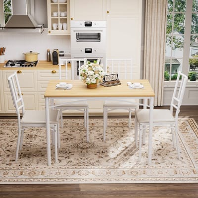 MODFU Eetkamerset voor 4 personen – 110x60 cm – Ruimtebesparend industrieel design met comfortabele PU zittingen – Eettafel met stoelen voor keuken en eetkamer – Spaanplaat & staal – Naturel en wit