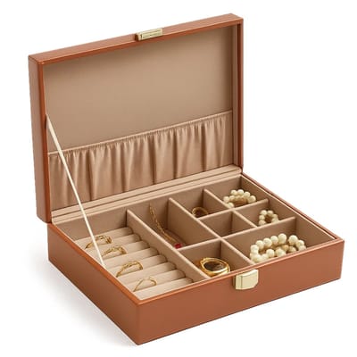 Lomera Sieradendoos Bruin - Juwelendoos - Sieradenhouder - Kunstleer - 7 Compartimenten - Kettinghaakjes - Ringklemmen - Opbergvak Sieraden - Rose-Goudkleurige Sluiting - Luxe Sieradendoos - Sieraden Organizer