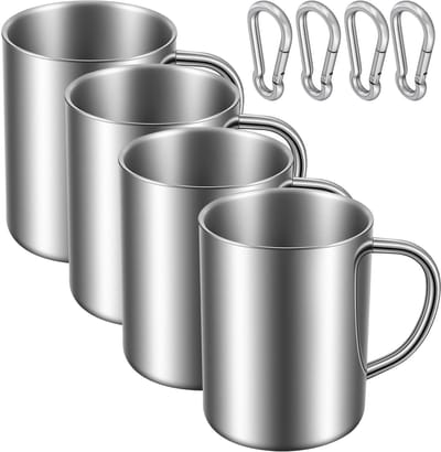 Dailygoods- Campingbekers Set van 4 - 400 ml Roestvrij Stalen Bekers - Handvat - Karabijnhaak - 11,8 x 8 cm - Duurzaam en Robuust - Outdoorbekers