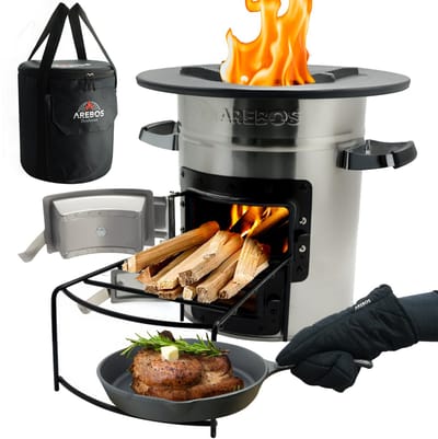 AREBOS Rocket Stove - Camping Kachel - met de Draagtas, Gietijzeren pan en Beschermende Handschoenen