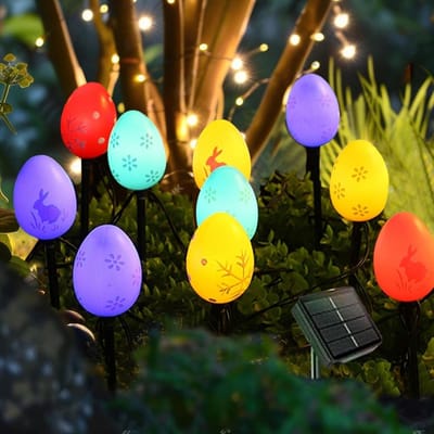 Solar Paasverlichting voor Buiten met 10 LEDs, Paasei Design Tuinlampen op Zonne-energie, Decoratie voor Gazon of Border, Sfeerverlichting voor Pasen, Feest of Verjaardag, Waterdichte Led Grondverlichting