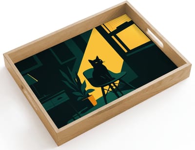 Dienblad hout 40x30 cm - Schootdienblad - Zwarte kat - Mysterieus - Gele instraal - Borrelplank rechthoek - Plateau dienbladen