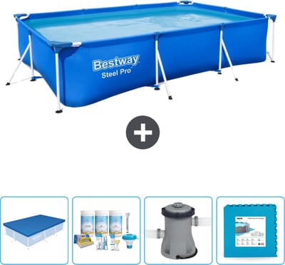 Bestway Rechthoekig Steel Pro Zwembad - 300 x 201 x 66 cm - Blauw - Inclusief Afdekzeil - Onderhoudspakket - Pomp - Vloertegels