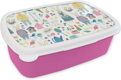 Broodtrommel Roze - Lunchbox - Brooddoos - Patronen - Konijn - Lente - Tuin - 18x12x6 cm - Kinderen - Meisje