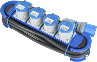 Thuys – Outdoor Camping Stekkerdoos Met CEE-stekker – Ophangbaar Met Haken En Elastische Kabelclips – Blauw/Zwart