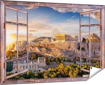 Gards Tuinposter Doorkijk Akropolis van Athene, Griekenland - Architectuur - 150x100 cm - Tuindoek - Tuindecoratie - Wanddecoratie buiten - Tuinschilderij