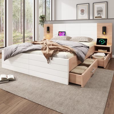 Houten Bed 160x200 - Bed Met Leeslamp En Usb Opladen - 2 Lades En 2 Nachtkastjes - Wit/Eiken Design - Lattenbodem Inbegrepen