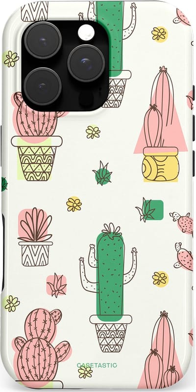 Casetastic hoesje geschikt voor Apple iPhone 16 Pro - MagSafe - Dubbellaagse bescherming - Vrolijke cactus - Fashion Case - Wit Groen Beige Lichtgrijs