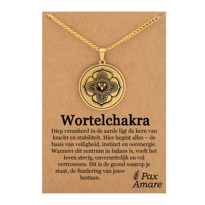 Wortel Chakra (Muladhara) Ketting op Cadeau Kaartje - Goudkleurig Talisman - Roestvrij Staal - Spiritueel Cadeau - Pax Amare