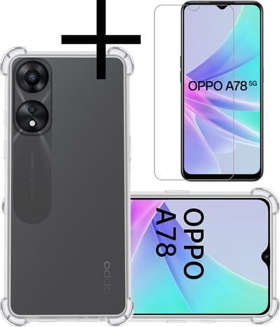 Hoesje - Met Screenprotector - Geschikt voor OPPO A78 5G - Sterk & Shockproof - Siliconen Case - Back Cover - Telefoon Hoes - Shock Proof - Transparant