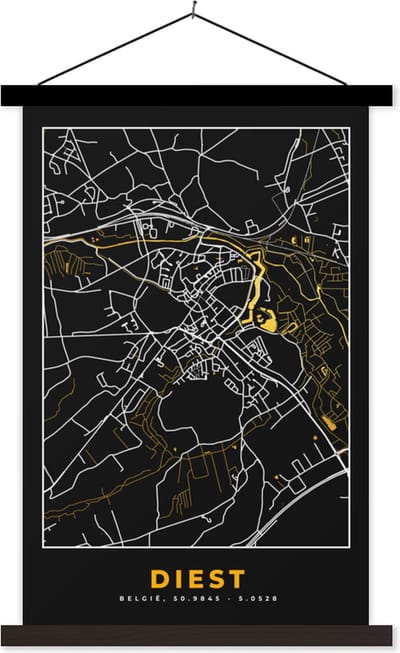 Posterhanger incl. Poster 40x60 cm - Schoolplaat - Diest - Stadskaart - Goud - Plattegrond - Kaart - Textielposter - Zwarte latten - Stadskaart