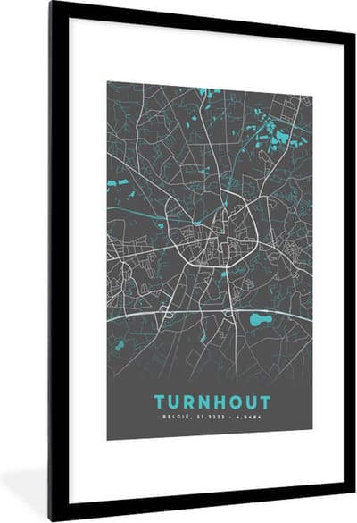 Fotolijst incl. Poster - België – Turnhout – Stadskaart – Kaart – Blauw – Plattegrond - 60x90 cm - Posterlijst