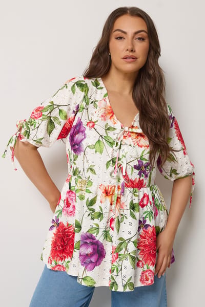 Yours Witte Top Met Bloemenprint, Broderie Anglaise En Strik Aan De Voorkant Size 42