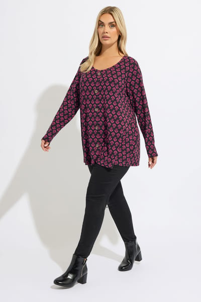 Yours Roze Geribbelde Swingtop Met Bloemenprint En Knoopjes Size 42