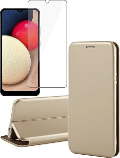 Hoesje geschikt voor Samsung Galaxy A02s - Screen Protector GlassGuard - Book Case Kunstleer ThinShield Goud & Screenprotector