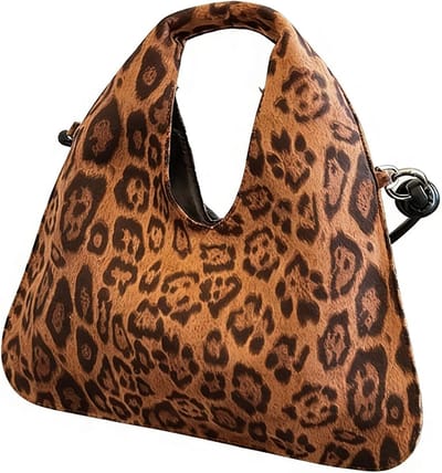 Elegante bruine suède hobo schoudertas voor vrouwen, ruime handtas met luipaardprint, perfect als cadeau voor Kerstmis of een verjaardag