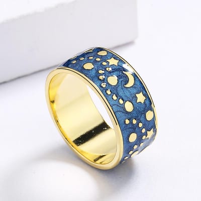 Sterling Zilver Creatief Ontwerp Nacht Ster Maan Ring Handgemaakt Emaille Druppel Olieverf Dames Sieraden Koppel Ring Feest Verjaardag 8 beige