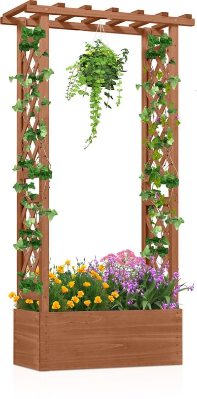 COSTWAY Bloembak met klimrek en hangend dak, plantenbak met klimhulp, verhoogd bed voor klimplanten en hangmanden, voor tuin, terras, houten plantenbak, bruin, 66x32x152cm