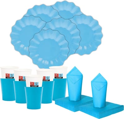 Givi Italia Feest/verjaardag gebaksbordjes/bekertjes/servetten set - New Wave - 16 personen - turquoise blauw - papier/karton