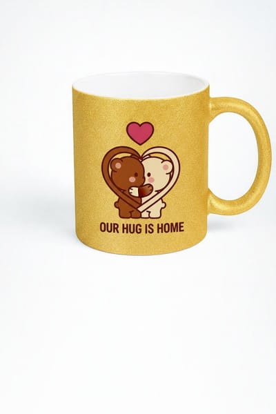 Gouden Glitter Mok met Knuffelende Beren | 'Our Hug Is Home' Liefdes Mok | Romantisch Cadeau voor Koppel