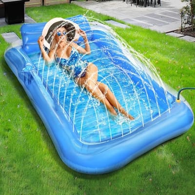 Goodivery - Tanning Bed - Lucht Matras Zwembad - Water Opblaasbaar Zwem Matras - Zonnebank Zwembad Lucht Matras met Ingebouwde Sproeier - Groot Zwem Eiland voor Zwembad Zomer Strand - Blauw