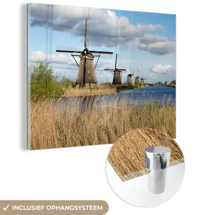 ® Glasschilderij 160x120 cm - Schilderij acrylglas - Molen - Landschap - Nederland - Foto op glas - Muurdecoratie woonkamer - Wanddecoratie slaapkamer - Schilderijen