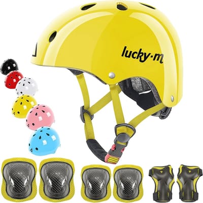 Lucky-M Kinderhelm en pads, set voor peuter en jeugd, fietshelm met knie- en elleboogpads en polsbeschermers, geschikt voor skateboard, fiets, BMX, hoverboard, step en rollerblading, klein (3-8 jaar oud), geel (bright yellow)