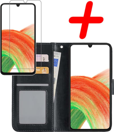 Hoesje Met Screenprotector - Geschikt voor Samsung Galaxy A33 - Luxe Pasjeshouder - Bookcase Portemonee - Flip Case - Kunstleer Book Case - Flipcase - Book Cover - Walletcase - Portemonneehoes - Zwart