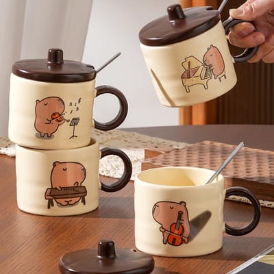 Schattige Kapibara met Deksel Lepel Keramische Mok Grote Inhoud Set Strakke Mok Souvenir Cadeau Waterbeker Student Duurzaam Duurzaam 350ML