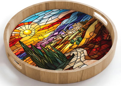 Dienblad rond 40x40 cm - Schootdienblad hout - Mozaïek - Zon - Landschap - Dorp - Borrelplank rechthoek - Plateau houten dienbladen