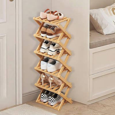 SnelShoppen - Bamboe Opvouwbaar Schoenenrek met 6 Niveaus - Verticaal Houten Schoenenrek voor Smalle Ruimtes - Compact en Zonder Installatie - Voor Ha