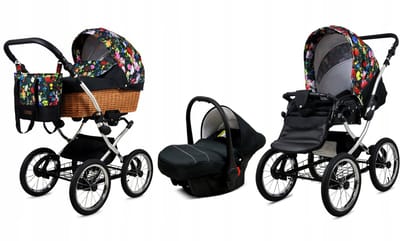 BabyLux® Kinderwagen 3in1 - CLASSIC EXCLUSIVE - GARDEN FLOWERS SILVER FRAME - Opklapbare Wandelwagen incl. Reiswieg, Multifunctionele Buggy Sportstoel, Autostoel - Combi-kinderwagen met Luiertas, Regenhoes, Klamboe, Bekerhouder, etc.