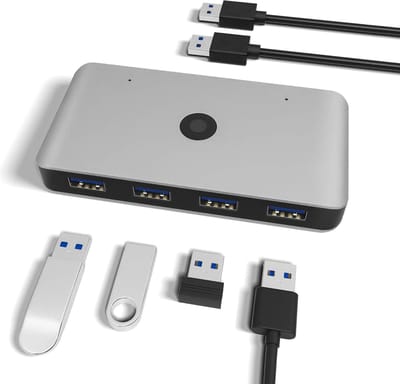 iFoulki USB 3.0-schakelaar 4 poorten voor 2 pc's, 2 ingangen 4 uitgangen USB-schakelaar voor printer Toetsenbord Muis USB-flashdrive Externe harde schijf Scanner 2 USB 3.0-kabels meegeleverd