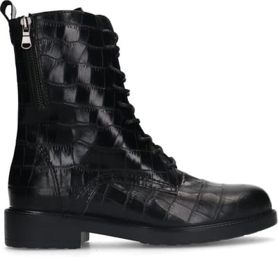 No Stress - Dames - Zwarte leren veterlaarsjes met crocoprint - Maat 36
