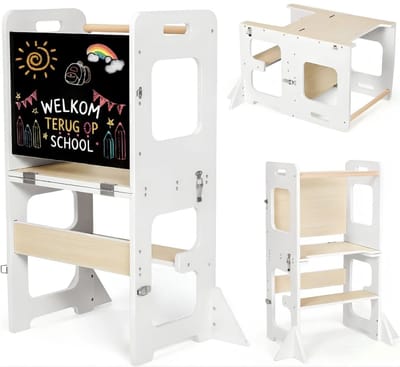 JCP® Leertoren Inklapbaar - Leertoren voor Kinderen - 3-in-1 Multifunctionele Leertoren - Wit - 42cm x 30cm x 80cm