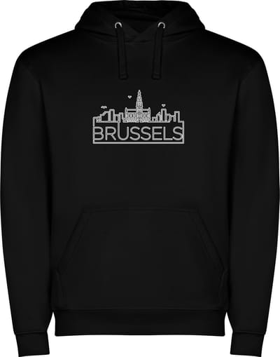 Zwarte unisex hoodie met “ Kleurrijke Sky Line Brussels - Brussel – Vakantiegevoel – Strak – Modern “ Print Full Color Color merk Roly maat S