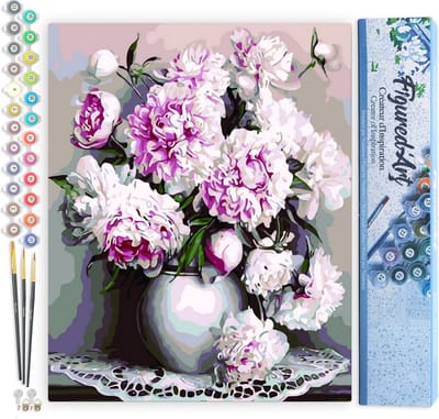 Figured'Art Schilderen op Nummer Volwassenen canvas Vaas met pioenrozen - Handwerk acrylverf Kit DIY Compleet - 40x50cm zonder frame