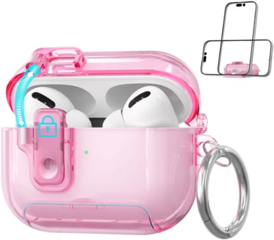 1stuk - Beschermhoesje - Oortelefoonhoesje - Compatibel met AirPods Pro 3 (model 2025) - Met veiligheidsslot, telefoonstandaard en automatisch openend/sluitend deksel - Bestand tegen vergeling - Inclusief sleutelring - Semi-transparant roze