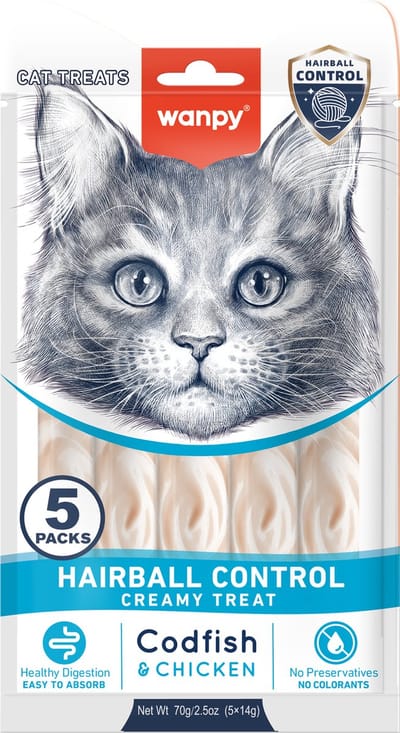 Wanpy - Likbare snack met functie - Kabeljauw & Kip - Haarbal controle - 1 x 5 sticks van 14 gram