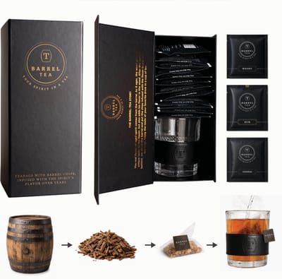 Barrel-Tea® Bottlebox Gift Set – Vaderdag Cadeau voor Mannen – 12 Theezakjes van Whisky-, Rum- en Cognacvaten – Alcoholvrij Cadeaupakket met Glas