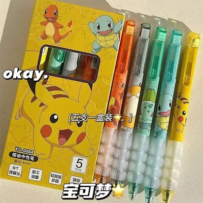 5 stuks Pokemon Pikachu Gelpen Schattige Anime Cartoon Charmander Squirtle Druk op Gelpen Schrijfwaren Schoolspullen Vakantiecadeaus black