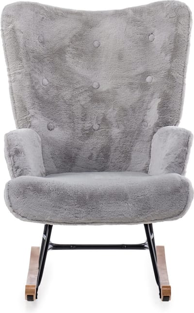 Aemely Schommelstoel Mama – Grijs imitatiebont – Hout en staal - Schommelstoel babykamer - Fauteuil - Hoge rugleuning