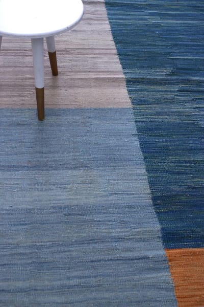 Blauw Tapijt Laagpolig Handgeweven Wollen Vloerkleed - Koho Afghan Modern Kelim 346x245 - 346x245cm- Modern - Woonkamer - Salon - Slaapkamer - Eetkamer