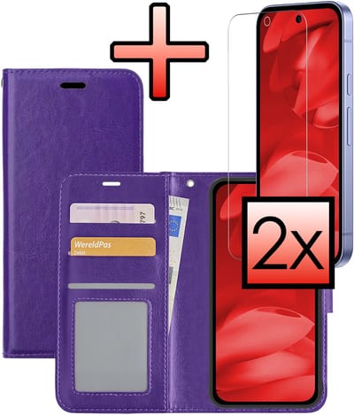 Hoesje - Met 2x Screenprotector - Geschikt voor Google Pixel 9a - Luxe Pasjeshouder - Bookcase Portemonee - Flip Case - Kunstleer Book Case - Flipcase Hoes - Book Cover - Walletcase - Portemonneehoes - Paars